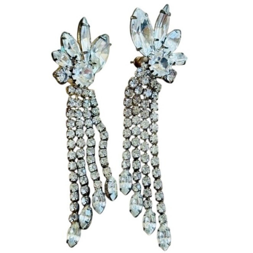 VTG‎ Waterfall Wing earrings Austrian Crystal Rhinestone Jeweled Tassel Post 70s